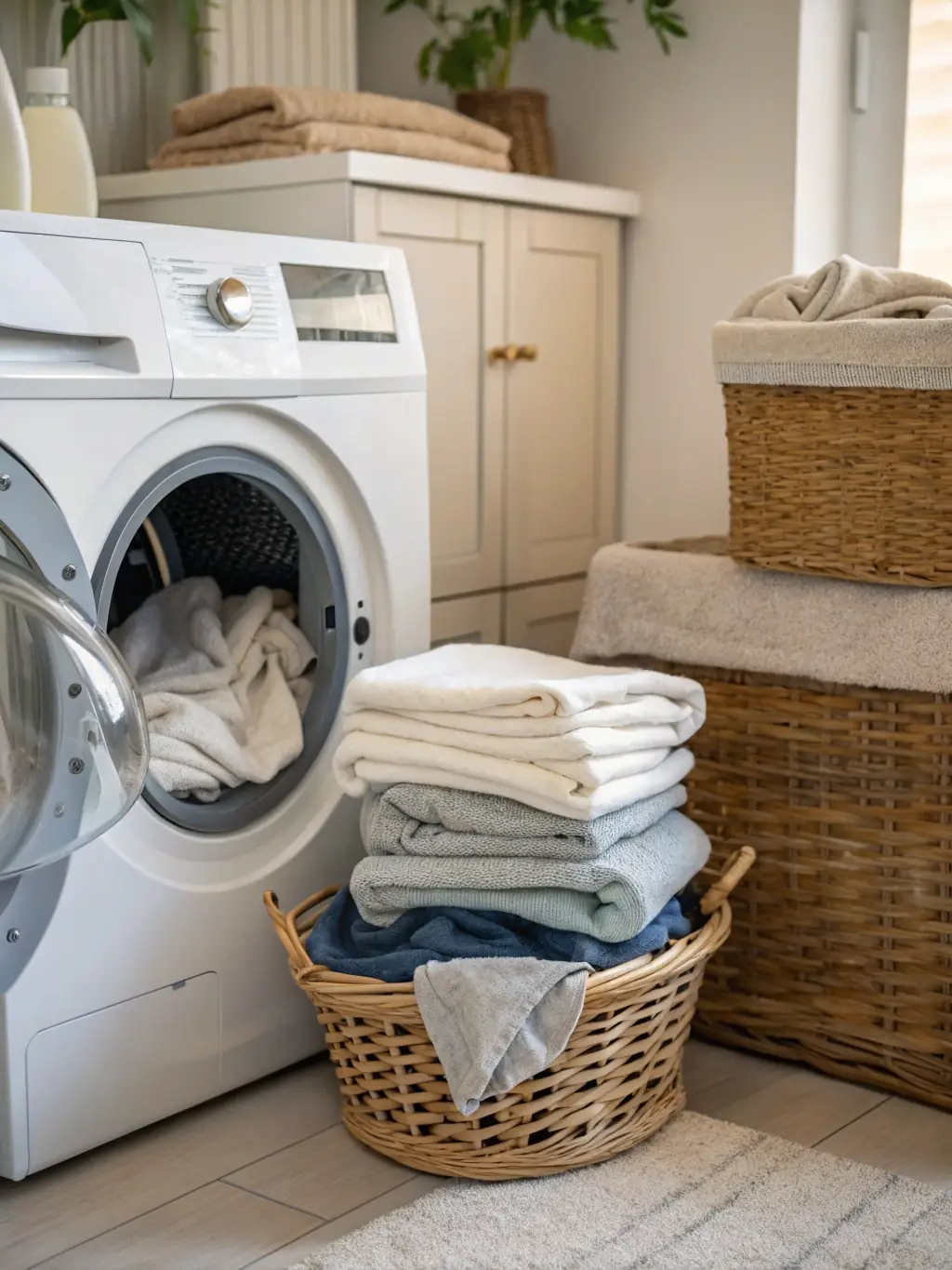A gas dryer with clothes tumbling inside, showcasing the drying process. The setting is a well-organized laundry area, emphasizing the importance of a functional dryer.