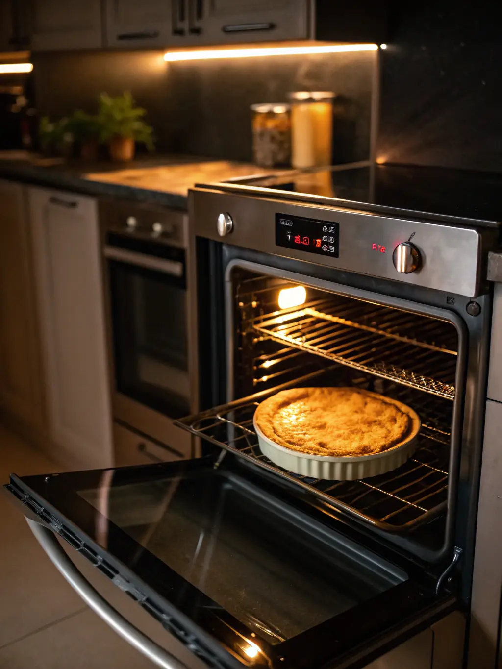 A modern oven with a pizza being baked inside, showcasing the cooking process. The setting is a contemporary kitchen, highlighting the importance of a working oven.