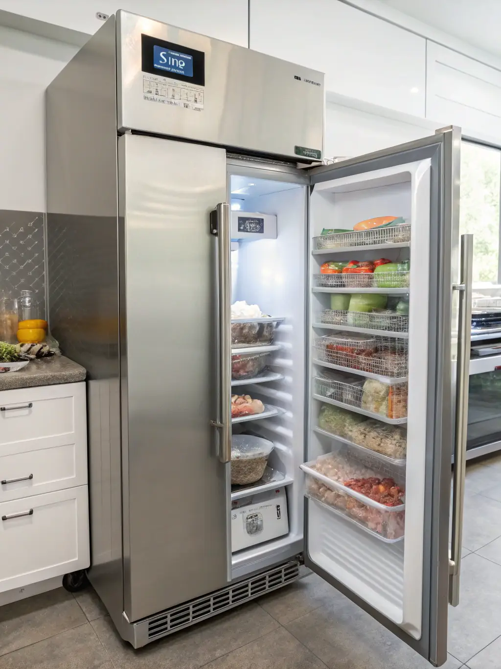 A modern, stainless steel refrigerator with its door open, showcasing various food items inside. The setting is a clean, well-lit kitchen, emphasizing the importance of a functioning refrigerator.