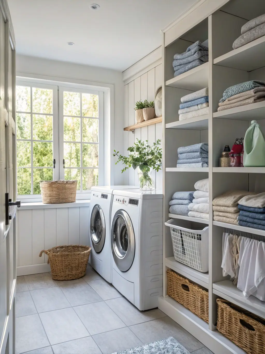 A front-load washing machine with clothes being loaded into it. The background is a tidy laundry room, highlighting the convenience of a working washer.