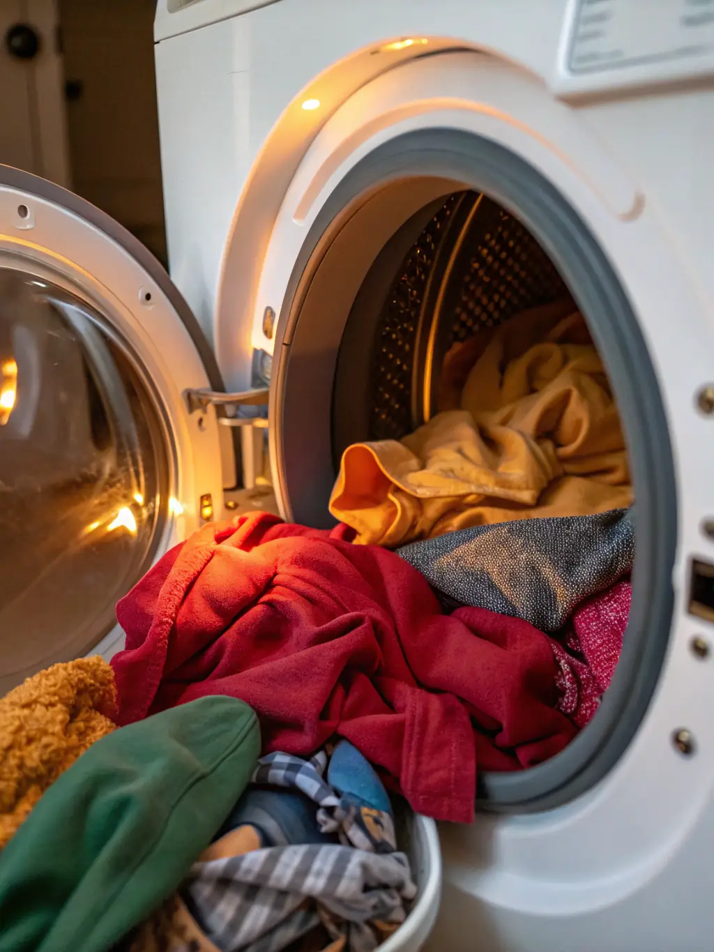 A gas dryer with its door open, showing clothes tumbling inside, indicating dryer repair services provided by DND Appliance Repair.