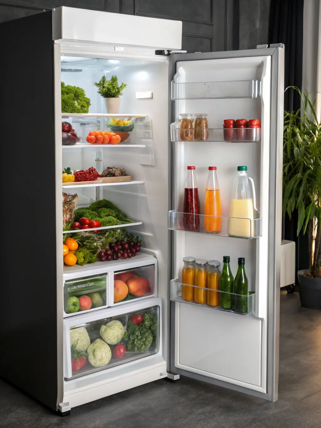 A modern refrigerator with its door open, showcasing various food items inside, symbolizing refrigerator repair services offered by DND Appliance Repair.