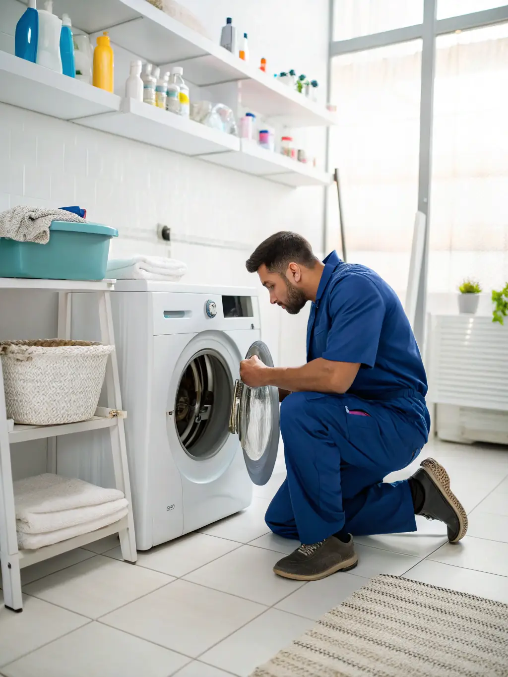 A front-load washing machine with a technician working on its internal components, representing washer repair services by DND Appliance Repair.